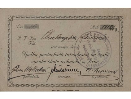 Členská legitimace, posluchači VŠT Brno, 1918