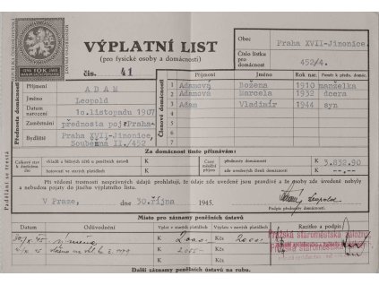 Výplatní list, Praha Jinonice, 1945