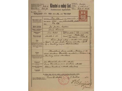Křestní a rodný list, Praha, 1876