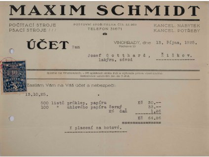 Faktura účet, M. Schmidt, 1925