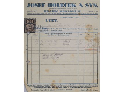 Účet J. Holeček, Hradec Kr., 1939
