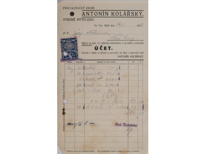 Účet A. Kolářský, Vysoké Mýto, 1938
