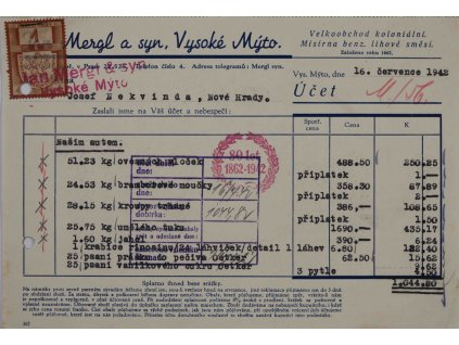 Účet J. Mergl, Vysoké Mýto, 8 1942