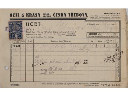 Účet Gzíl & Krása, Č. Třebová, 1933