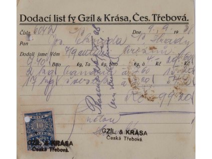 Dodací list Gzíl & Krása, Č. Třebová, 1938