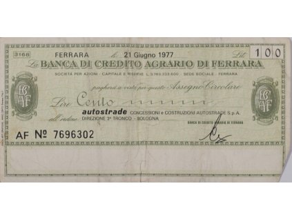 Bankovní šek Assegno Circolare, 21 1977 0472