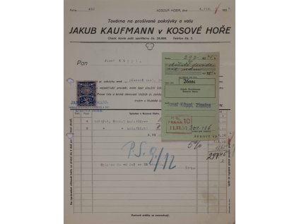 Faktura, J. Kaufman, Kosová Hora, 1937