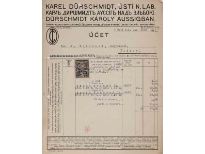Faktura, J. Durschmidt, Ústí n L, 1923