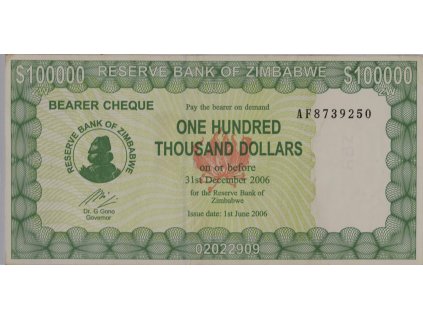 100 000 Dollars, Bearer Cheque, Zimbabwe, AF, 200 0725