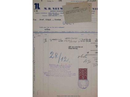 Faktura, M.B. Neumanna  synové Union, 12/1937