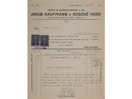 Faktura, J. Kaufmann, Kosová Hora, 1936