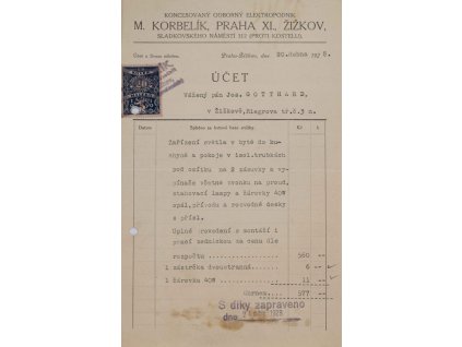 Účet, M. Korbelík, Žižkov, 1928