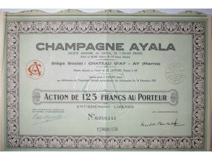 Akcie FRANCIE, Champagne Ayala Chateau d'Ay Ay Marne, kupony, 1938 (1)