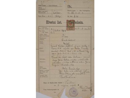 Křestní list, Čáslav, 1908