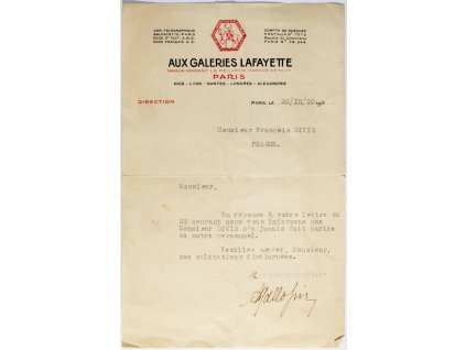 Obchodní dopis Aux Galeries Lafayette, 1930