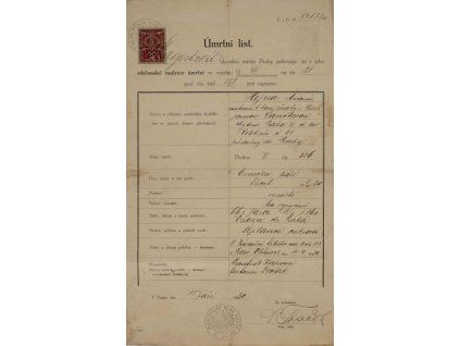 Umrtní list, Praha, 1930