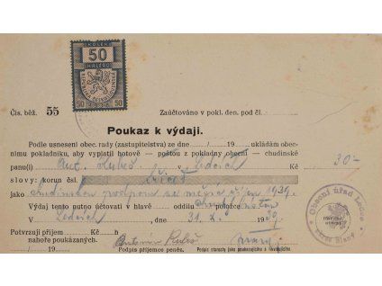 Poukaz k výdaji, Ledce, 1930