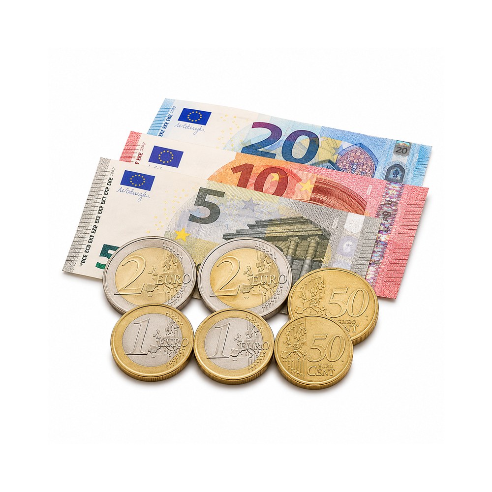 Eurové mince a bankovky, v automate sa platí v hotovosti