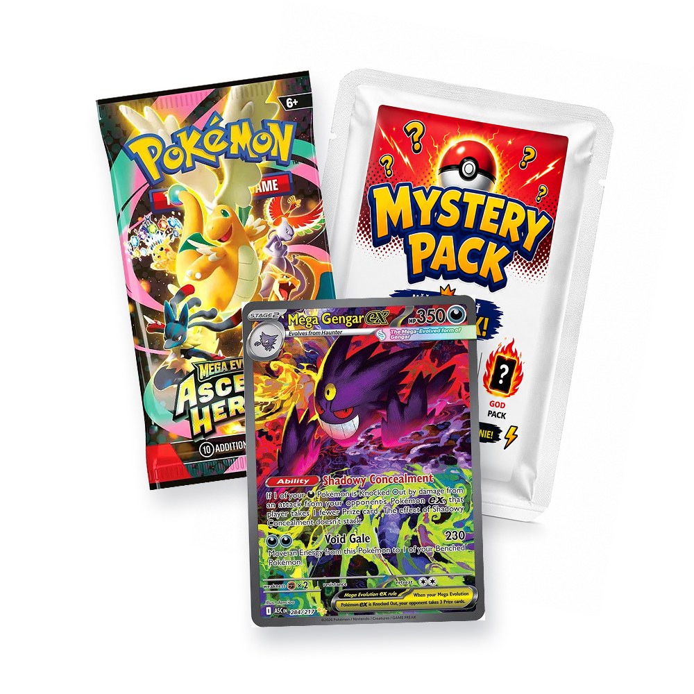 Hithunter mystery pack vedľa originálneho Pokémon boostera a karta Mega Gengar ex