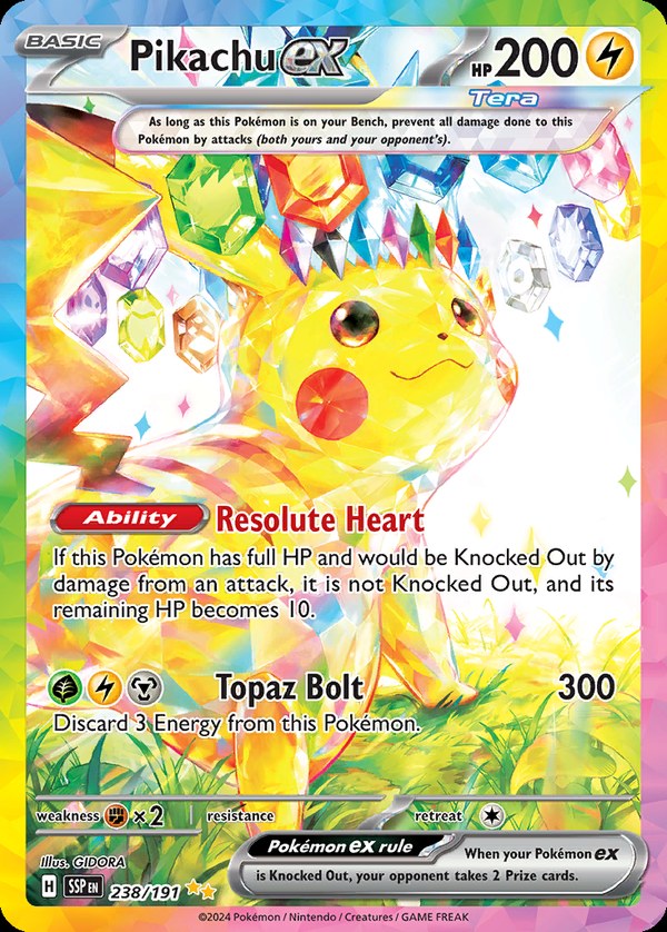 Pokémon karta Pikachu ex, Special Illustration Rare zo setu Surging Sparks