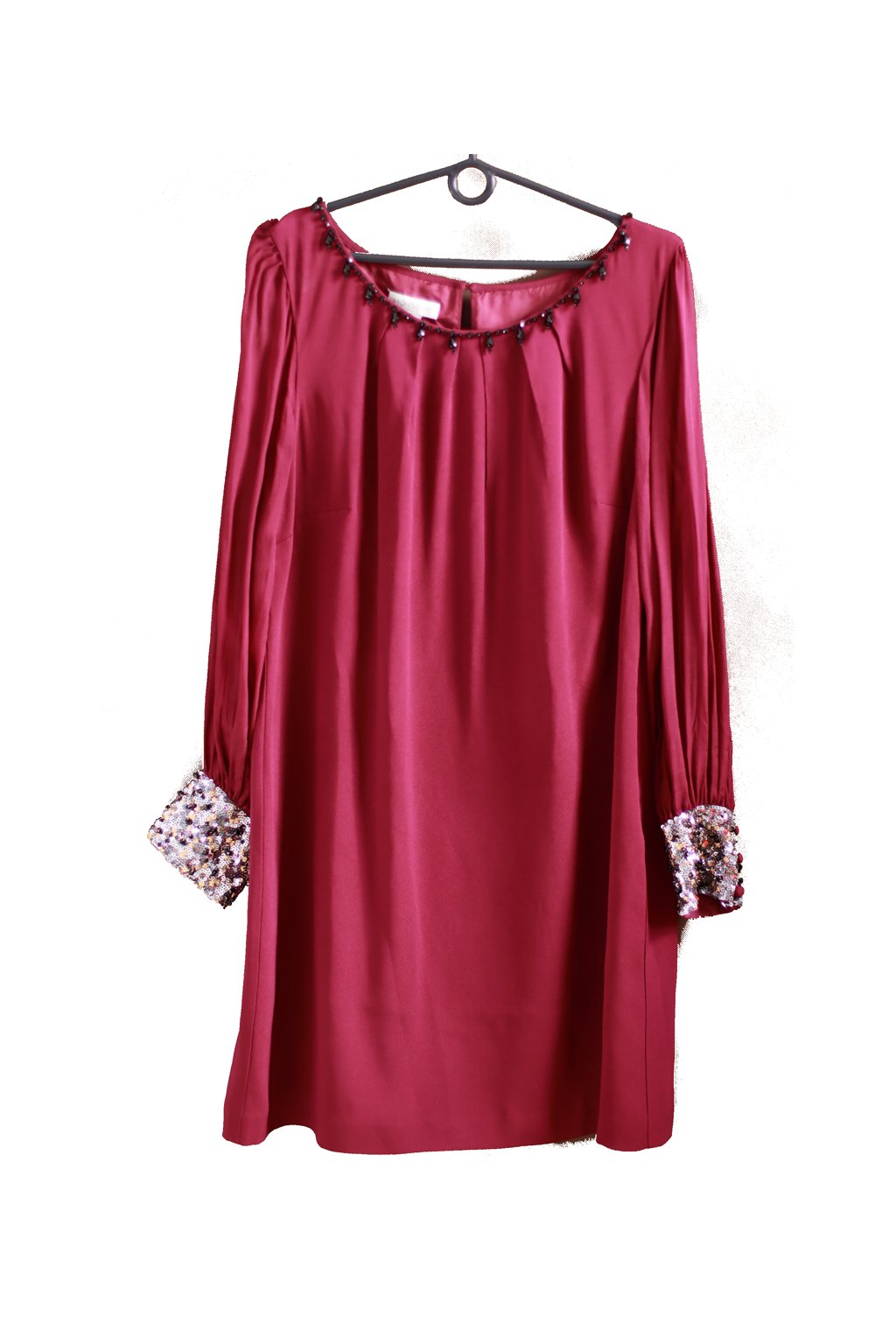Dámské vínové elegantní šaty s průsvitnými rukávy a flitry na manžetách - MonSoon - XXL (44)