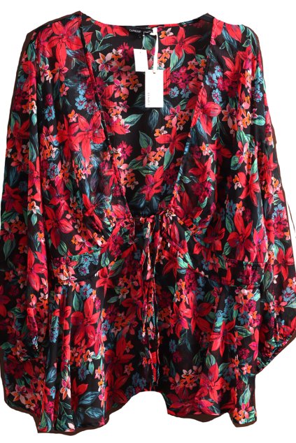 Dámská červeno-černo-zelená květovaná průhledná tunika  - ovwrsize - nosí se volná/ CAPSULE / XXXXL+ (52/54/56/58/60) / na štítku UK 30 / ANGLIE