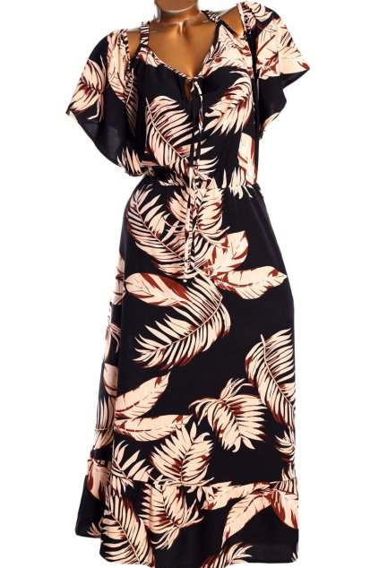 Dámské černo-hnědo-krémové šaty se vzorem listů / BLOOMCHIC / XXXXL+ (58) / na štítku UK 32 (XXXXL+ 60) / ANGLIE