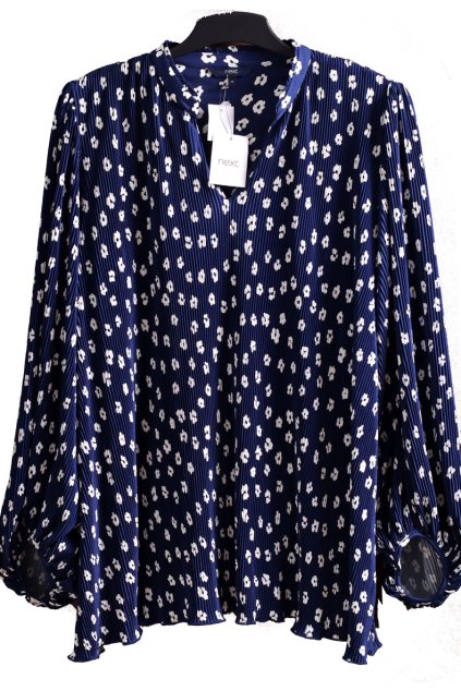 Dámská tmavě modro-bílá plísovaná květovaná halenka / NEXT / XXXXL+ (54/56) / na štítku vel. 54 / UK 26 / ANGLIE