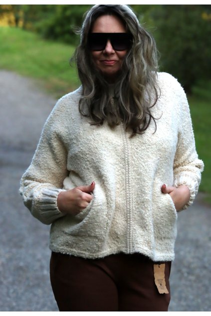 Dámský bílý luxusní podzimníí  bundo/svetřík na zip  s kapucou / KNITAL /  XXL-XXXL+ (40/42/44/46/48/50/52/54)  /  MODA ITALY- prsa do 140 cm - nosí se volnější