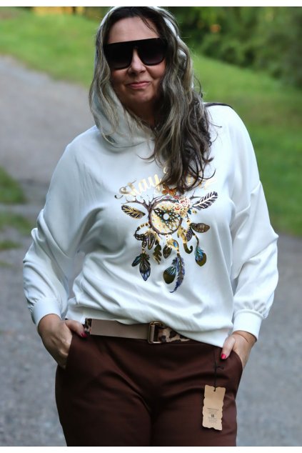Dámská bílá mikina s potiskem  lapač snů / MADE IN ITALY /  XXL-XXXXL (44/46/48/50/52/54) prsa do 150 cm /  MODA ITALY