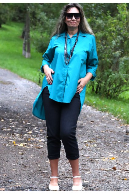 Dámská modrá košile / AMIRA / XXL-XXXXL (42/44/46/48/50/52/54) prsa do 152 cm  / MODA ITALY-  jedna UNI VELIKOST - záleží, jak kdo chce mít volné/upnuté