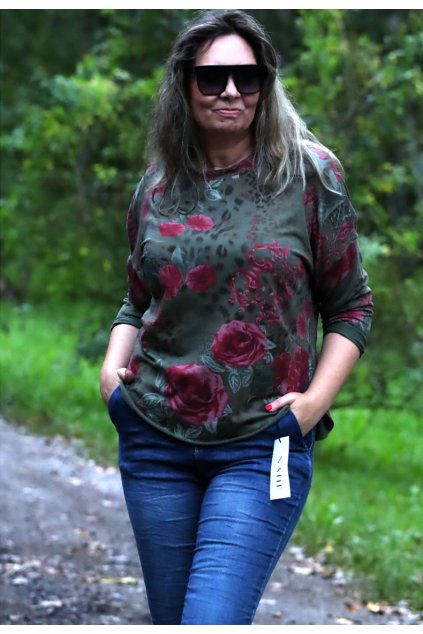Dámská zelená květovaná halenka / LINDSAY MODA / XXL-XXXL+ (44/46/48/50/52/54/56/58/60) prsa do 170 cm  / MODA ITALY