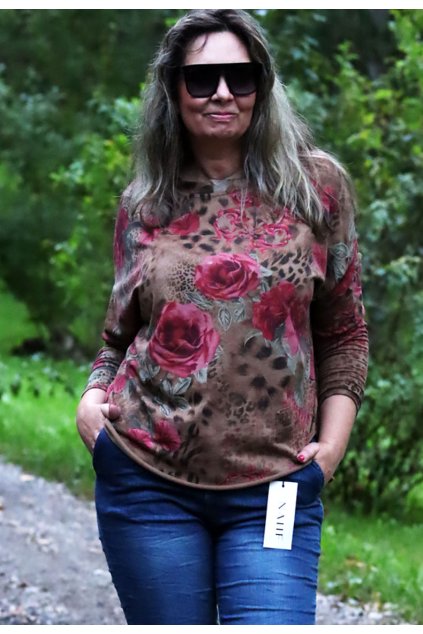 Dámská hnědá květovaná halenka / LINDSAY MODA / XXL-XXXL+ (44/46/48/50/52) prsa do 150 cm  / MODA ITALY-  jedna UNI VELIKOST - záleží, jak kdo chce mít volné/upnuté