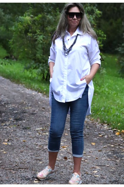 Dámská bílá košile /NEW COLLECTION / XXL-XXXXL (42/44/46/48/50/52/54) prsa do 154 cm  /  MODA ITALY - jedna UNI VELIKOST - záleží, jak kdo chce mít volné/upnuté