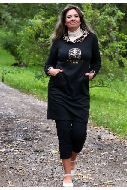 Dámské černé mikinové šaty s kapucou / MADE IN ITAly / XXL-XXXXL (40/42/44/46/48/) prsa do 130 cm  / MODA ITALY - jedna UNI VELIKOST - záleží, jak kdo chce mít volné/upnuté