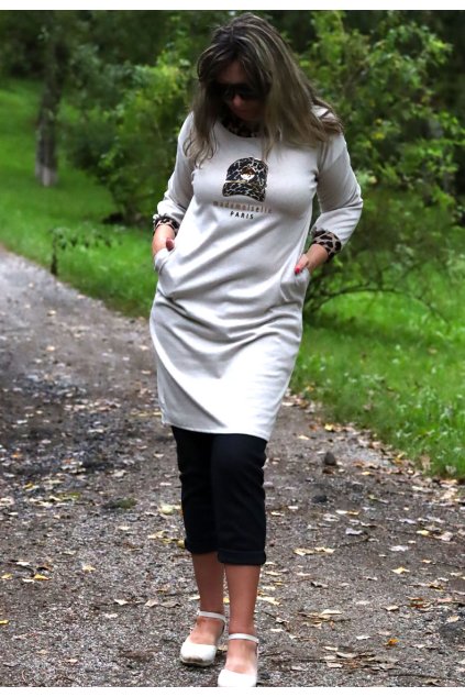 Dámské béžové mikinové šaty s kapucou / MADE IN ITAYLY / XXL-XXXXL (40/42/44/46/48/) prsa do 130 cm  / MODA ITALY - jedna UNI VELIKOST - záleží, jak kdo chce mít volné/upnuté