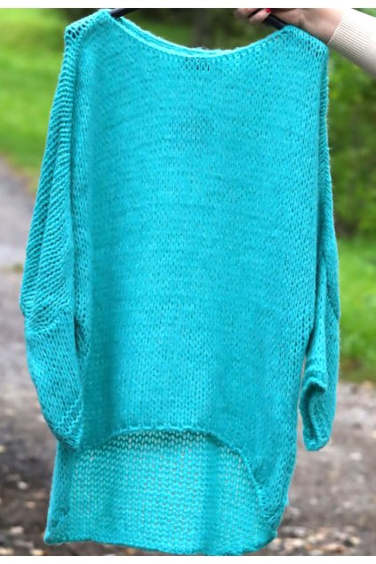 Dámský modrý dírkovaný svetr / MADE IN ITALY / XXL-XXXL+ (42/44/46/48/50/52/54) prsa do 140 cm  / MODA ITALY - jedna UNI VELIKOST - záleží, jak chcete mít volné