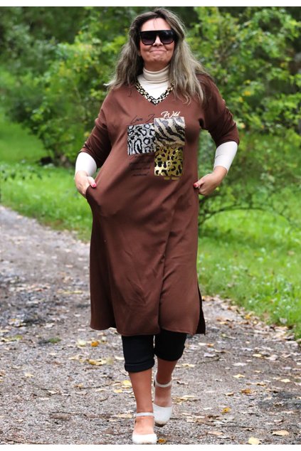 Dámské hnědé mikinové šaty se zlatým obrázkem / MADE IN ITALY/ XXL-XXXXL (44/46/48/50/52) prsa do 140 cm  / MODA ITALY -  jedna UNI VELIKOST - záleží jak chcete mít volné