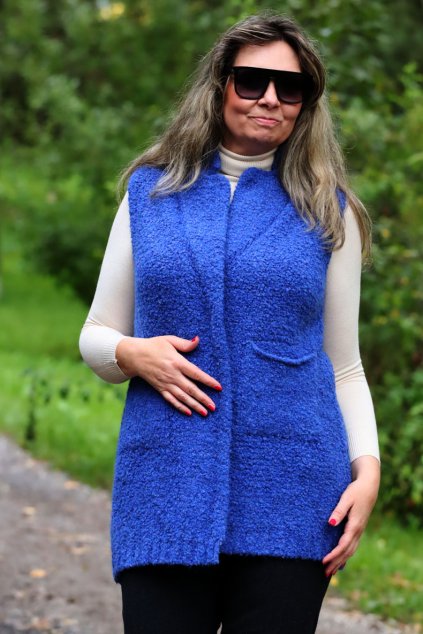 Dámský modrý teplý cardigan / KNITAL / XXL-XXXL+ (42/44/46/48/50/52) prsa do 140 cm  / MODA ITALY- jedna UNI VELIKOST