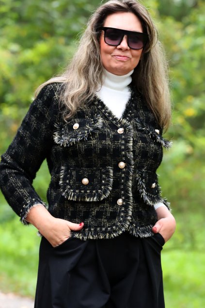 Dámské černo-zlaté sako / LINDSAY MODA / XXL-XXXXL (42/44/46/48/50/) prsa do 130 cm  / MODA ITALY -  jedna UNI VELIKOST - záleží, jak kdo chce mít volné/upnuté