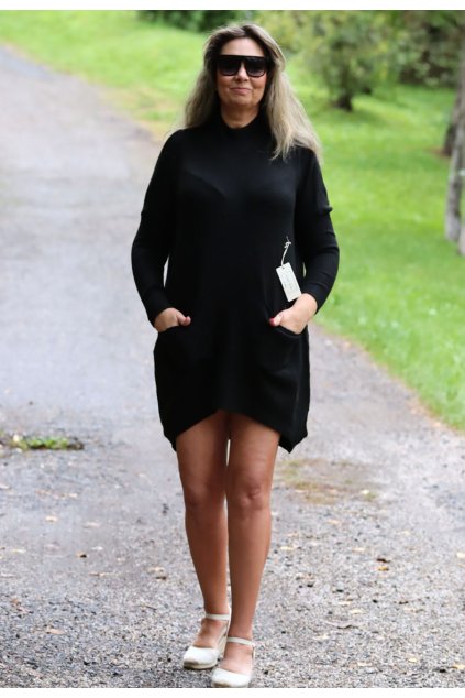 Dámské černé svetrové šaty  kapsama / KITTY 86 STUDIO / XXL-XXXL+ (42/44/46/48/50) prsa do 160 cm  / MODA ITALY jedna UNI Velikost - záleží, jak chcete mít volné
