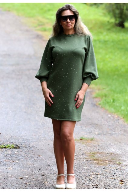 Dámské zelené/khaki kamínkové mikinové šaty / MOOIJ / XXL-XXXL (40/42/44/46/48) prsa do 120 cm / MODA ITALY - jedna UNI VELIKOST - záleží, jak kdo chce mít volné/upnuté