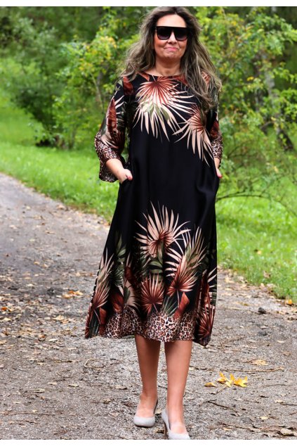 Dámské černo-hnědo-zelené dlouhé luxusní, saténové šaty / LUX LUNA / L-XXL (40/42/44) prsa do 115 cm  / MODA ITALY