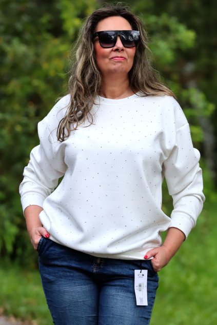Dámská bílá kamínková mikina / MOOIJ / XXL-XXXXL (42/44/46/48/50/52/) prsa do 150 cm  / MODA ITALY - jedna UNI VELIKOST - záleží, jak kdo chce mít volné/upnuté
