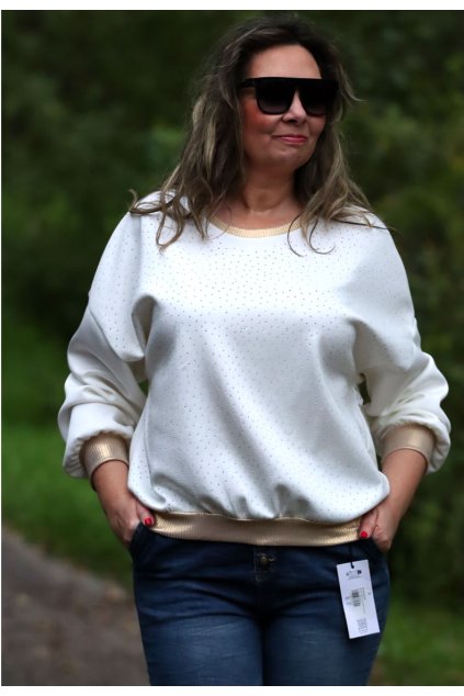 Dámská bílo-zlatá kamínková mikina / MADE IN ITALY / XXL-XXXXL (42/44/46/48/50/52/54) prsa do 150 cm  / MODA ITALY-  jedna UNI VELIKOST - záleží, jak kdo chce mít volné/upnuté