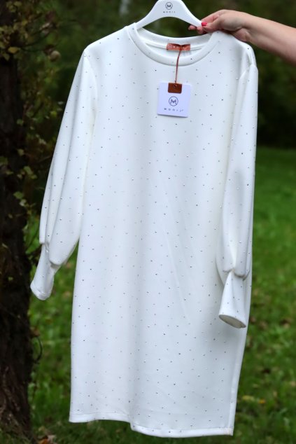 Dámské bílé kamínkové mikinové šaty / MOOIJ / XXL-XXXL (40/42/44/46/48) prsa do 120 cm / MODA ITALY -  jedna UNI VELIKOST - záleží, jak kdo chce mít volné/upnuté