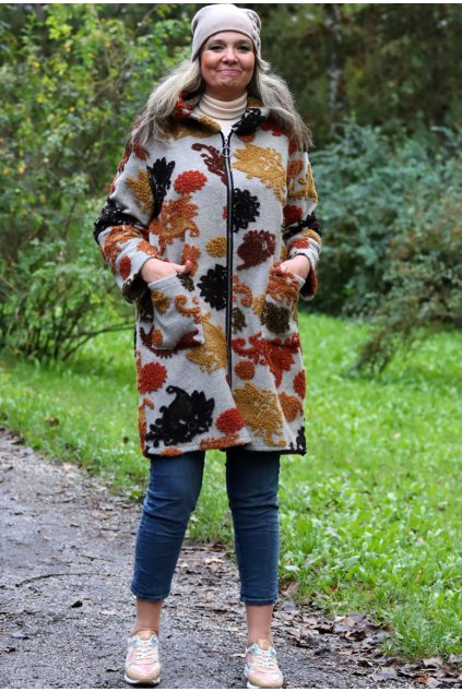 Dámský  světle šedý kabátek + plastikcé aplikace v různých barvách  + kapsy - vhodný na podzim, bez podšívky / XXL-XXXL (44/46/48/50) prsa v klidu 130 cm  / MODA ITALY - jedni UNI velikost - záleží, jak chcete mít volné