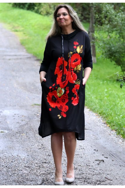 Dámské černé lehčí mikinové šaty  se vzorem VLČÍ MÁK - s kapucou a kapsama - prsa v klidu 120 cm- po natažení 130 cm - vhodné pro 42/44/46/ (48)-/ VAZZURA/ MODA ITALY -  jedna uni velikost