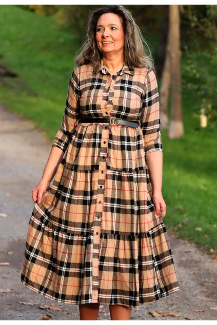 Dámské béžové dlouhé šaty s páskem - materiál je teplý jako flanel - lehce elastický/ DOYA FASHION / M/XL (38/40/42)  prsa v klidu 100 cm, po natažení  do 107 cm  / MODA ITALY