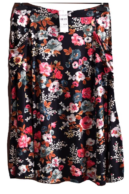 Dámská černá sukně s barevnými květy / YOURS /  XXXXL/XXXXL+ (54/56 - guma/58) / na štítku vel. 54/56 / UK 26/28 / ANGLIE